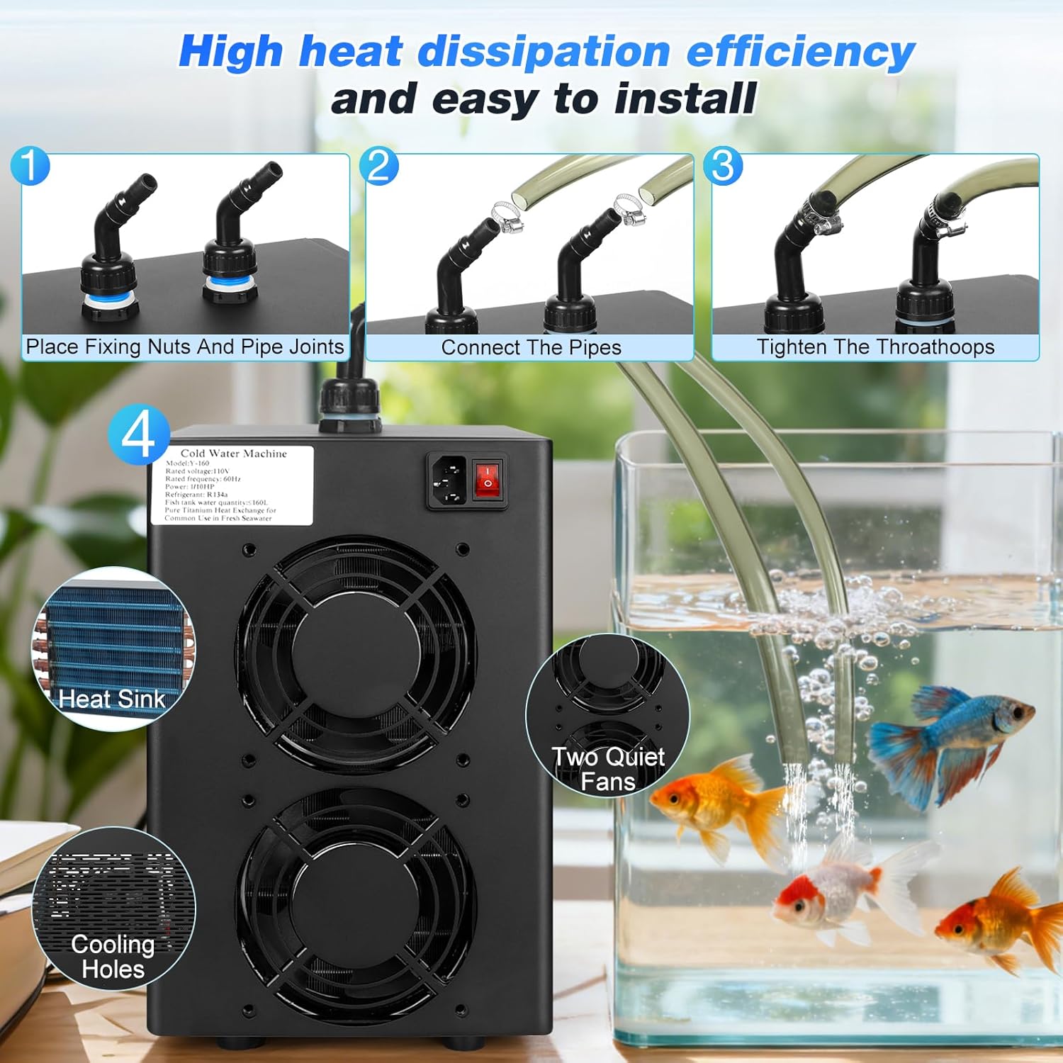 42Gal Aquarium Chiller 1/10 HP 160L Quiet Compressor Refrigeration Hydroponic Cooling System Suitable for Aquariums Salamanders Coral Reefs Jellyfish