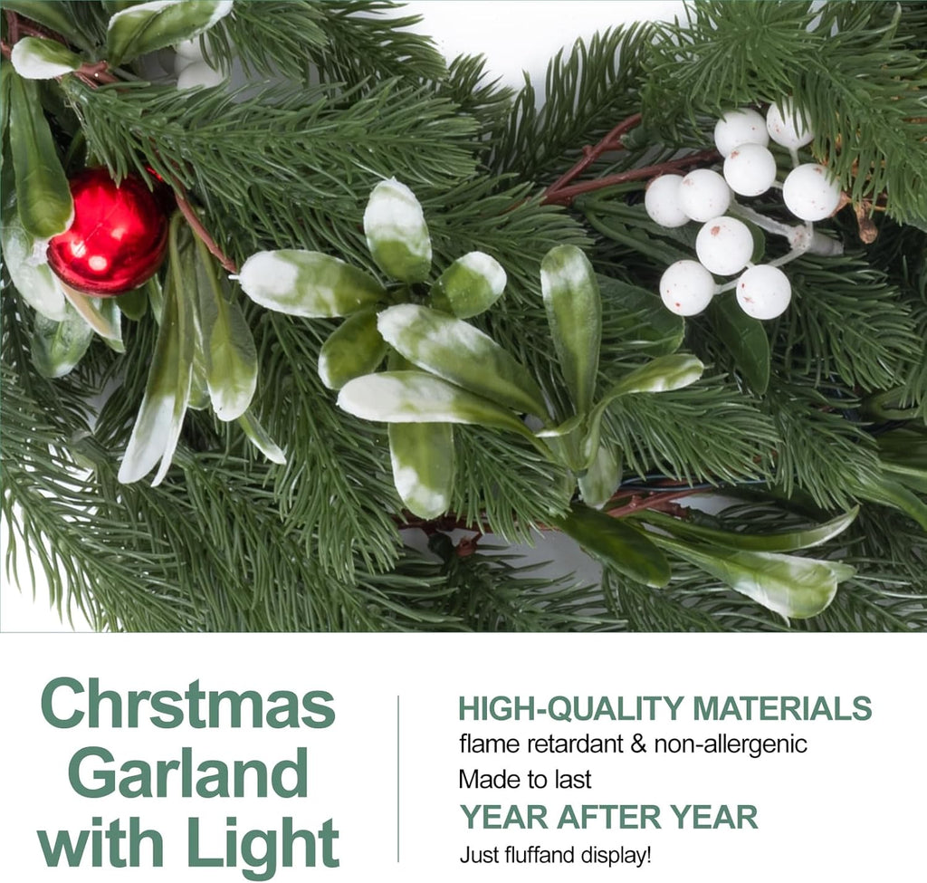 6.5FT Christmas Garland with Lights,Prelit Christmas Decorations,Lighted Garland with Battery Operated,Realistic Olive & Pine Needles Greenery Home Decor for Mantle Fireplace Table Indoor Outdoor
