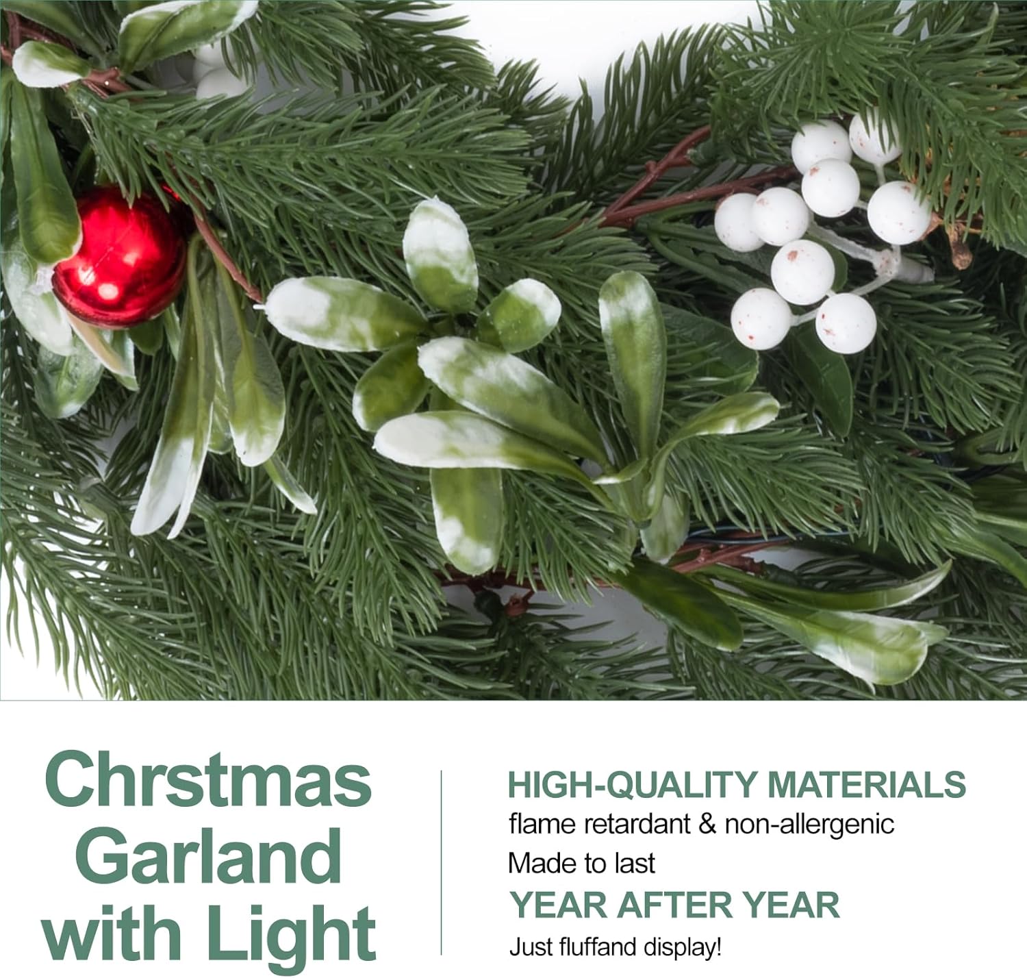 6.5FT Christmas Garland with Lights,Prelit Christmas Decorations,Lighted Garland with Battery Operated,Realistic Olive & Pine Needles Greenery Home Decor for Mantle Fireplace Table Indoor Outdoor