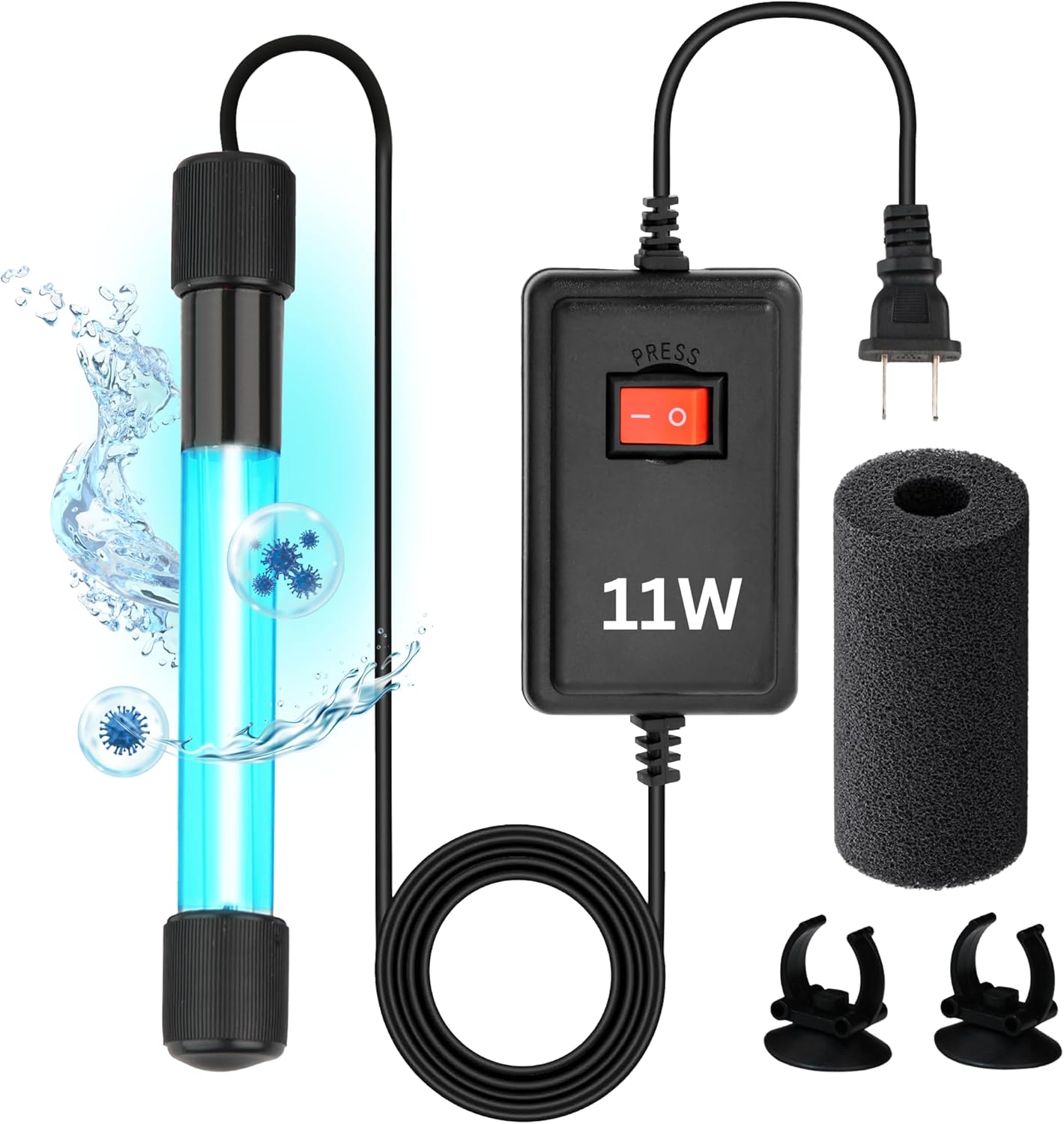 11W UV Sterilizer for Aquarium– UV-C Clean Light with a 9.84 ft Cord for Use in Filters, Sumps and Small Ponds |Clears Green Water, Removes Cloudiness & Promotes a Healthy Clear Tank for Fish & Plants