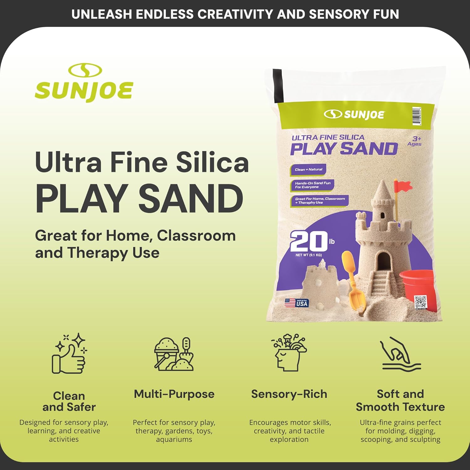 Sun Joe Silica Play Sand for Sandbox, Sensory Table & Garden Spaces, Ultra Fine, 20 Lb Bag - Indoor and Outdoor Natural Craft Accessory for Molding, Digging, Sculpting and Gardening, PLYSAND20