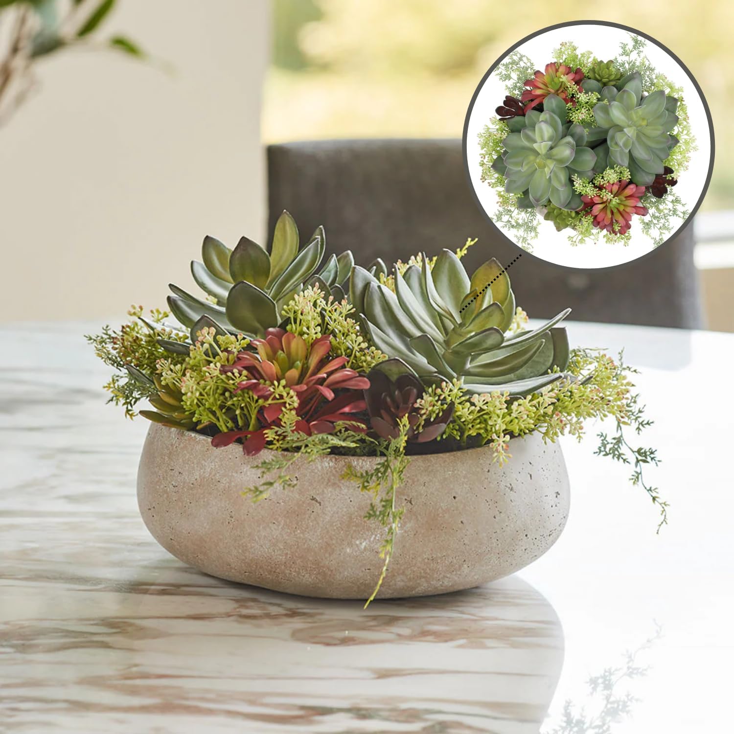 Round Faux Succulent Arrangement, 14" Premium Artificial Indoor Plant Enhances Interior Design, Display on Any Surface in Your Home Adding an Inviting Touch of Nature, Natural Planter Pot Included