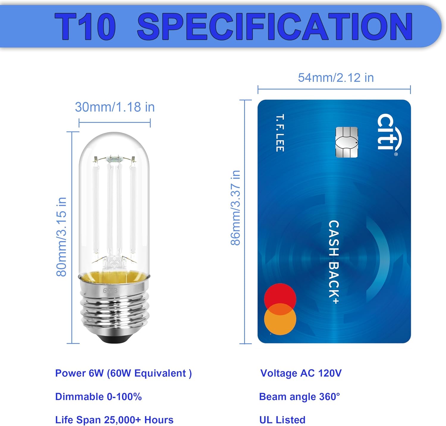 4 Pack 3.2 Inch T10 Blue Light Bulb, E26 Base Edison Bulbs Dimmable, AC 120V 60 Watt Equivalent Clear Glass Filament Bulb, Halloween Christmas Party Bar Colored Light Bulbs, UL Listed