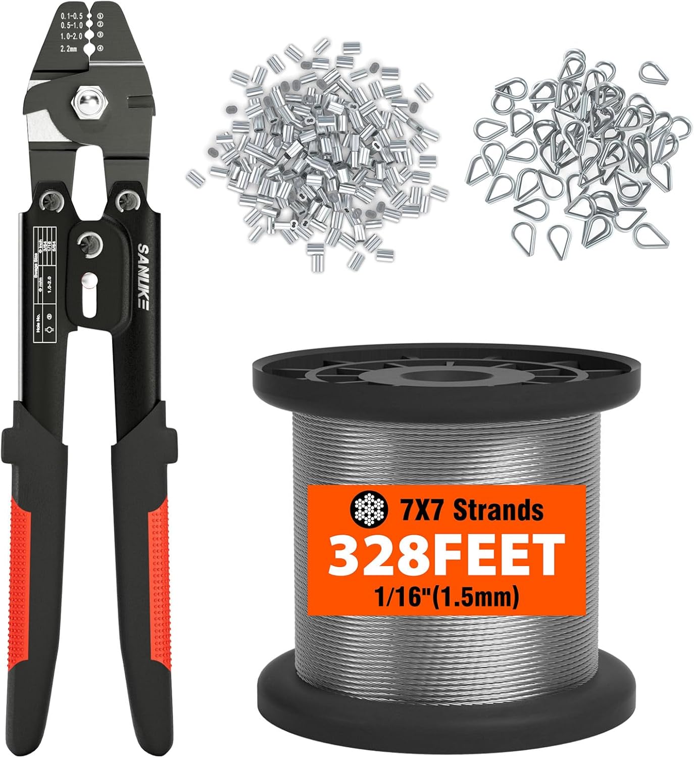 Sanuke Wire Rope Crimp Kit with 328ft Stainless Steel Cable 7x7 Strand Core 1/16'' Aluminum Crimp Loop Sleeves and Wire Rope Stainless Steel Thimble