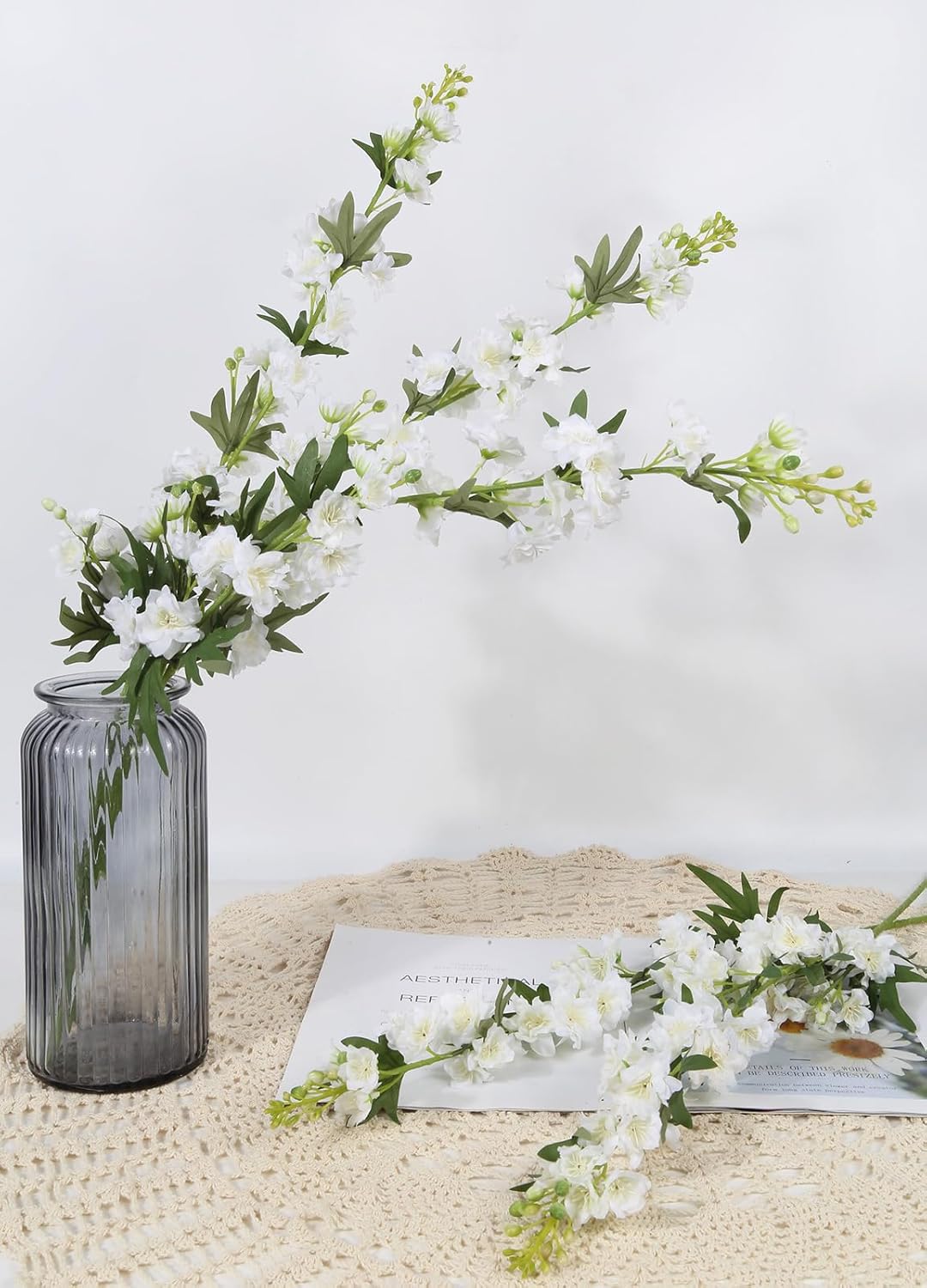 IPOPU White Flower Larkspur Artificial Flowers 5PCS Faux Delphinium Silk for Vase, Decoration, Floral Centerpieces, Wedding Table, Home Decor