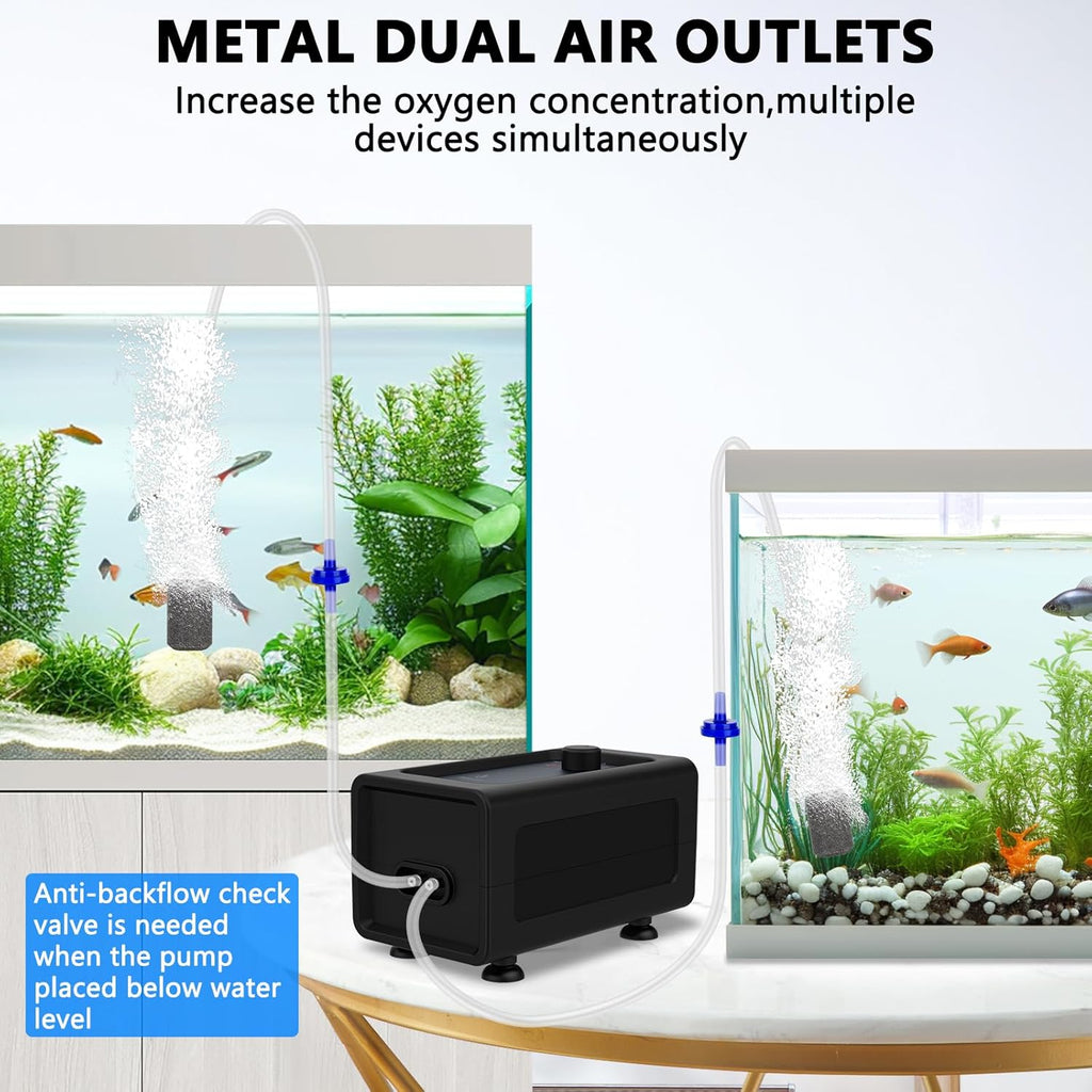 Fishkeeper Aquarium Air Pump, Quiet Powerful Fish Tank Air Pump, 6W/10W Adjustable Oxygen Pump, Metal Dual Outlets Aerator with Air Stone Bubbler for Fish Tank up to 200 Gallon 10W