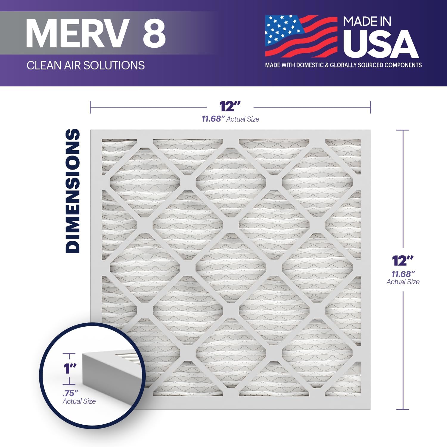 BNX TruFilter 12x12x1 Air Filter MERV 8 (6-Pack) - MADE IN USA – Dust & Pet Defense Pleated Air Conditioner HVAC AC Furnace Filters for Dust, Pet, Mold, Pollen MPR 600 – 700 & FPR 5