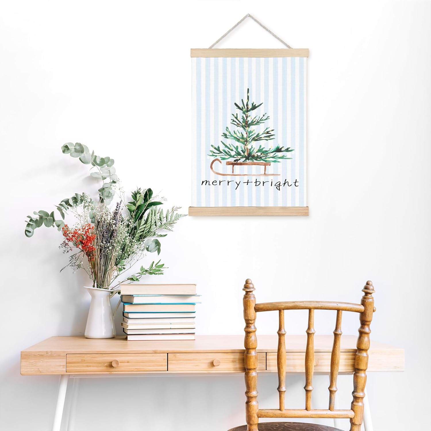FDHSPAAM Christmas Pine Tree Wall Art Decor, Christmas Tree Decor, Blue and White Stripes Merry Xmas Holiday Wall Art Posters for Home Bedroom Living Room, 12x16 Inch
