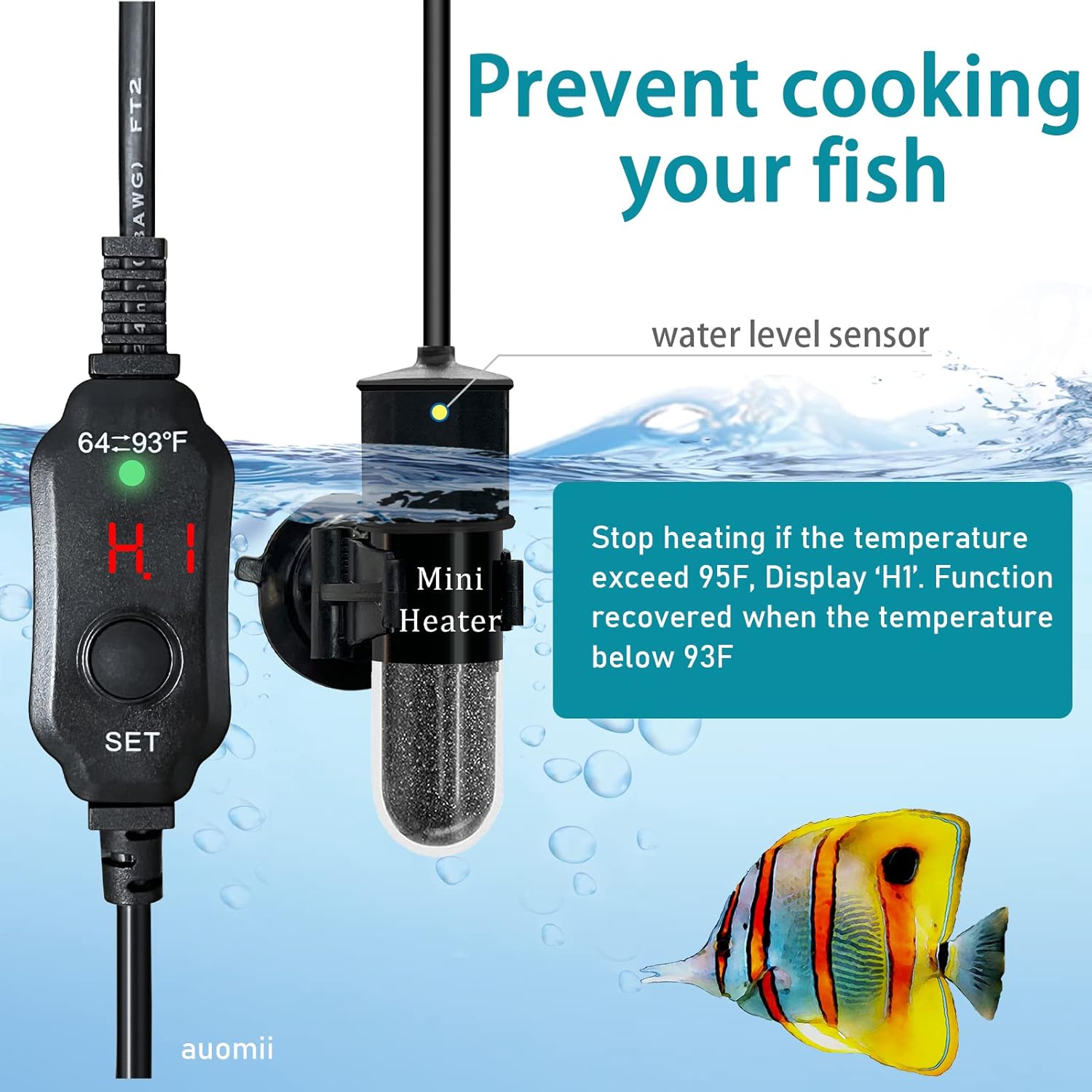 Mini Submersible Aquarium Heater, 25/50/100/150/200/300 Watts Adjustable Fish Tank Heater, Built-in Thermometer, External Temperature Controller, Smart Memory, Used for 1-60 Gallons (20W Plug)