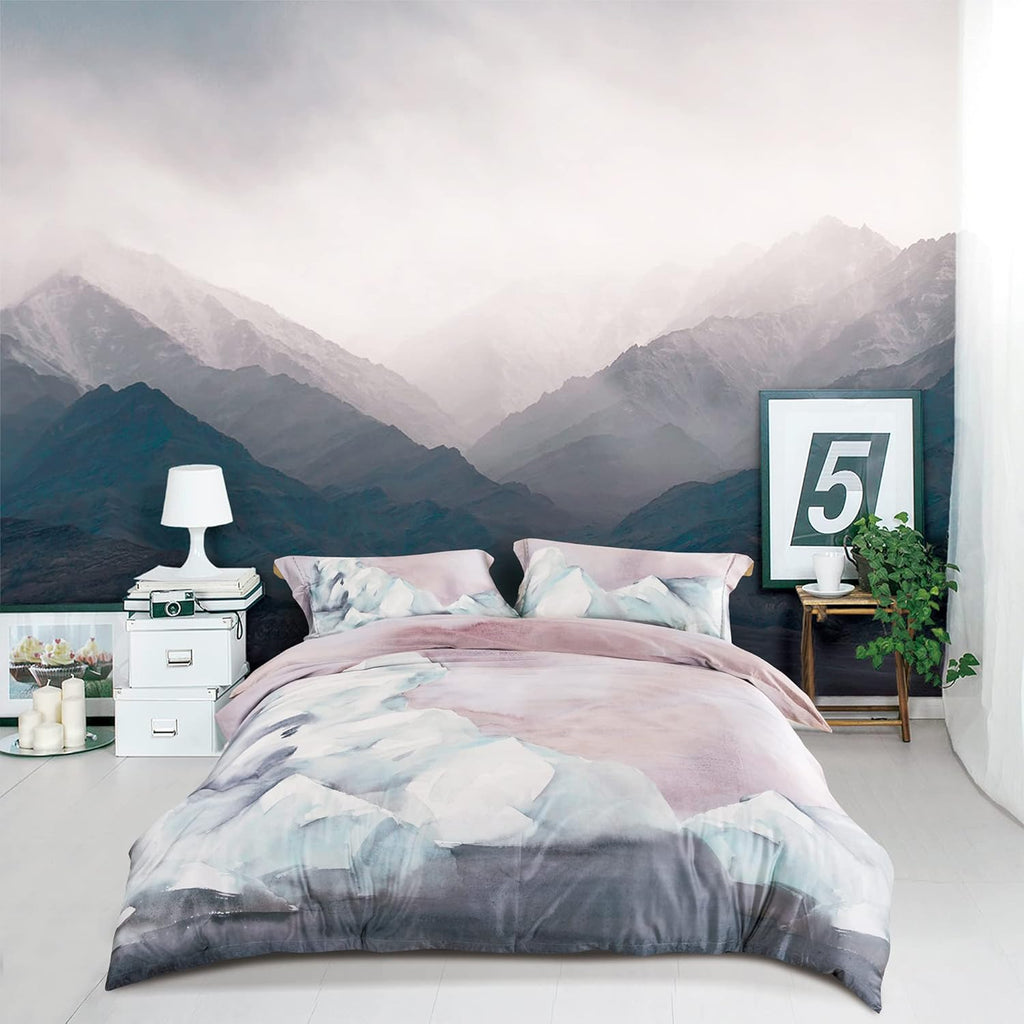 MILDLY 100% Long-Staple Cotton Duvet Cover Set Abstract Gray Pink Marble Pattern Printed Comforter Cover 3pcs, Ultra Soft & Breathable Bedding Set