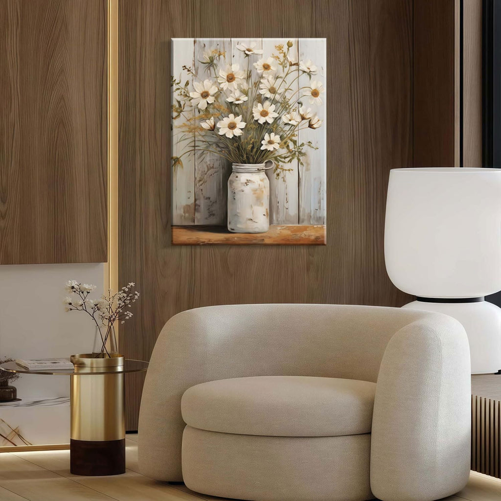 Framed Daisy Jar Vintage Flowers Wall Art Decor Canvas Print Country Poster Gallery Picture Country Plants Farmhouse Art Painting Kitchen Bathroom Living Room Decor 16x24 Inch Ready to Hang