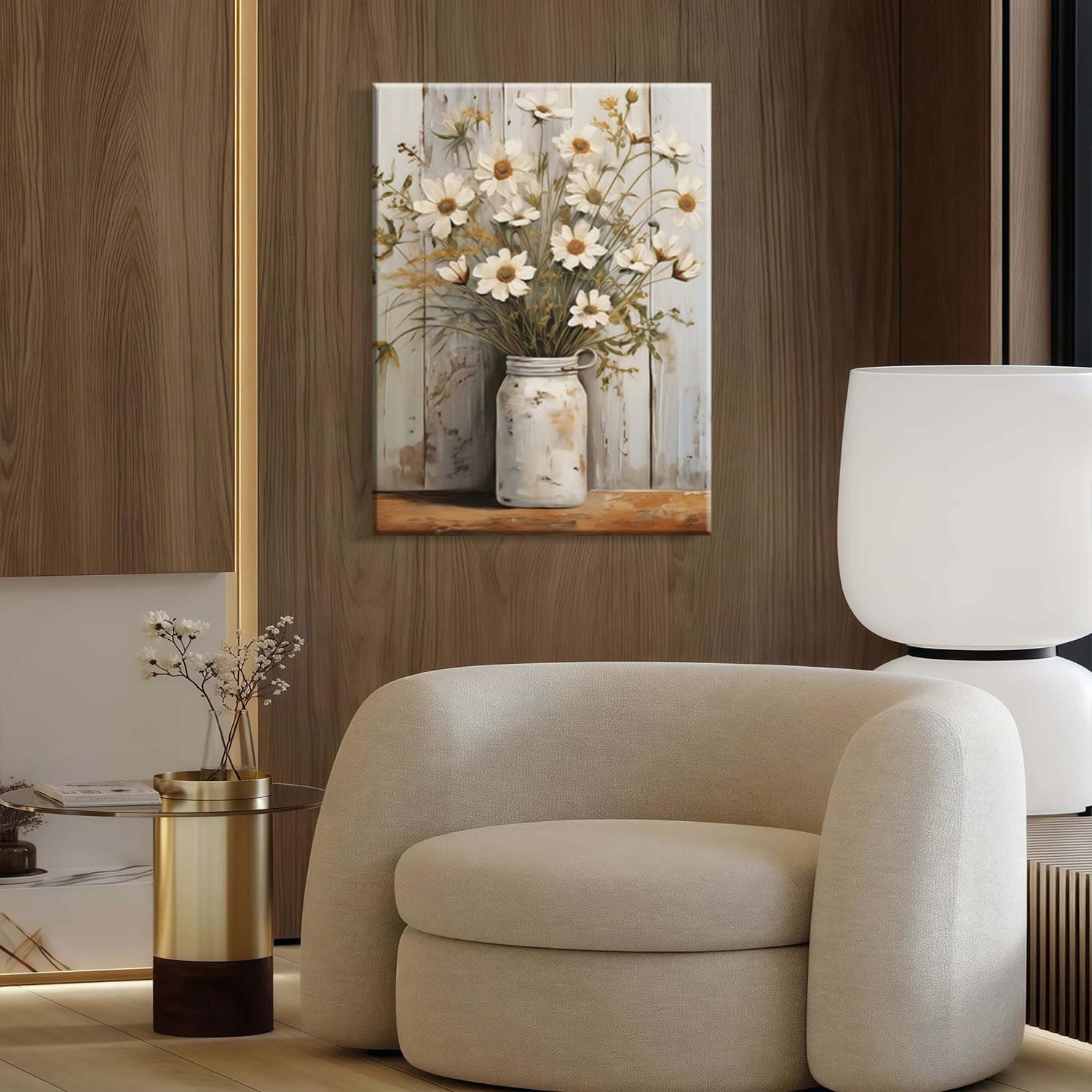 Framed Daisy Jar Vintage Flowers Wall Art Decor Canvas Print Country Poster Gallery Picture Country Plants Farmhouse Art Painting Kitchen Bathroom Living Room Decor 16x24 Inch Ready to Hang