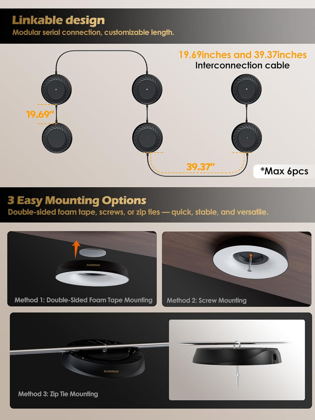 GLOWRIUM Grow Lights for Indoor Plants,48W Smart Full Spectrum LED Grow Light, Auto Timer and Stepless Dimming,Plant Assistant with Watering Reminder,Modular Design (Black, 6 PCS)