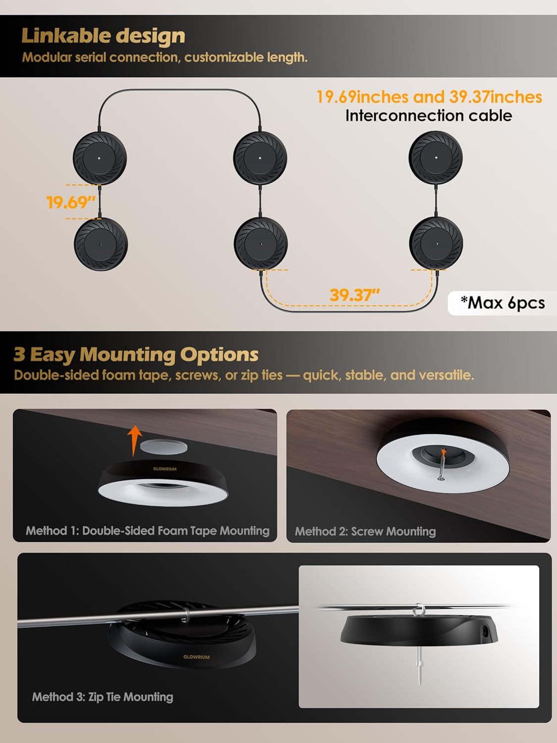 GLOWRIUM Grow Lights for Indoor Plants,48W Smart Full Spectrum LED Grow Light, Auto Timer and Stepless Dimming,Plant Assistant with Watering Reminder,Modular Design (Black, 6 PCS)