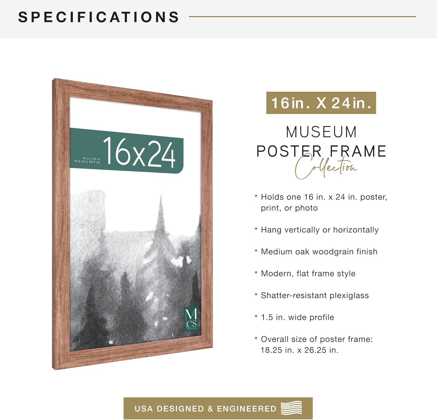 MCS Museum Poster Frame 16x24 Medium Oak Woodgrain, Vertical & Horizontal Wall Hanging Large Picture Frame for Photos, Posters & Art Prints (1-Pack)