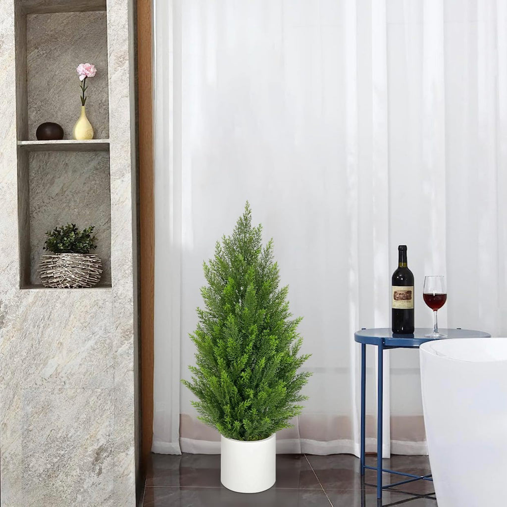 Briful 2PCS 3ft Artificial Cedar Topiary Trees in White Planter – Compact Faux Evergreen Potted Plants with Dense Realistic Layered Leaves, Lifelike Fake Trees for Home, Office, Patio, Porch