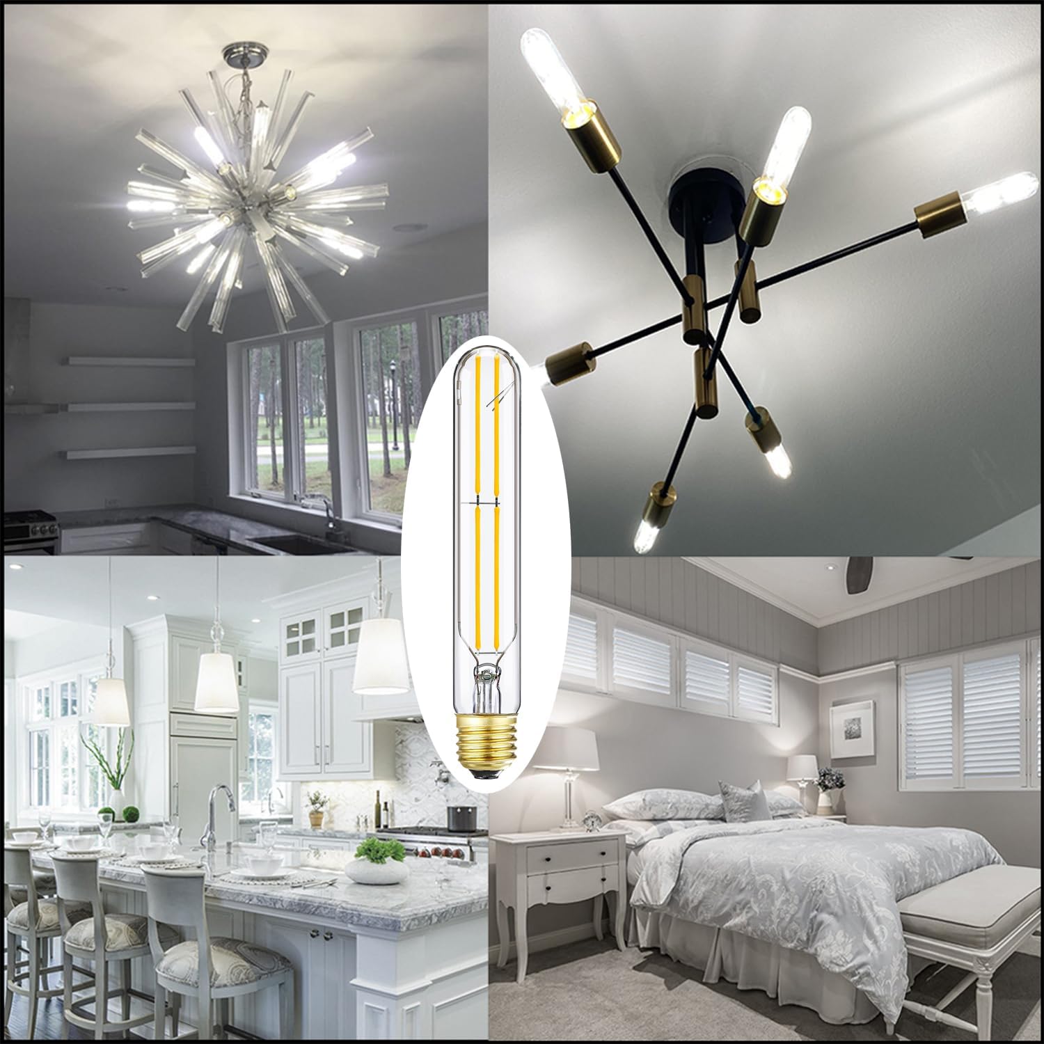 T10 LED Bulb E26 60 Watt Dimmable 7.3 INCH Tubular Long Light Bulbs, 5000K Cool White Tube Light Bulb for Candelabra, Wall Scones, Chandelier and Ceiling Fan, 120V 600Lumens 6 Pack