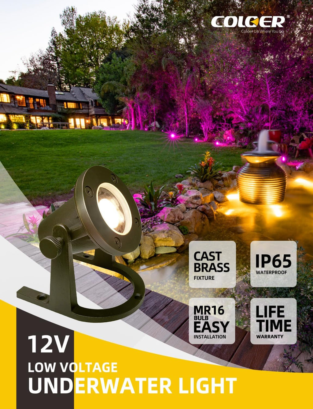 COLOER Brass Underwater Lights(Bronze) with LED MR16 Bulb 12V Low Voltage Fountain Lights IP68 Waterproof Copper Outdoor Landscape Lighting for Swimming Pool Ponds or Outside Water as Spotlight