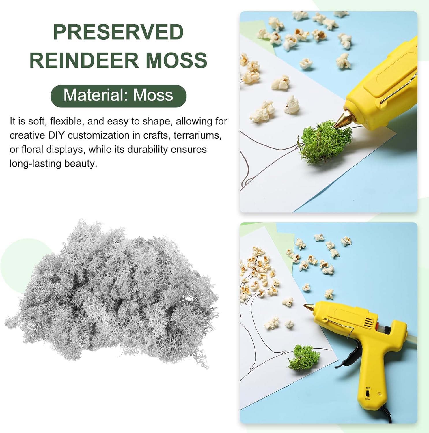 MECCANIXITY 3oz Preserved Reindeer Moss, Light Grey Decorative Artificial Fake Moss for Potted Plants Indoor Crafts Lichen Centerpieces Decor