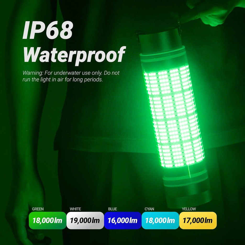 Rechargeable Underwater Fishing Light, Built-in Battery & Cordless, Remote Dimmable, Auto-On in Water, IP68 Waterproof, Multi-Color, Suitable for Boat, Dock, Freshwater, and Saltwater