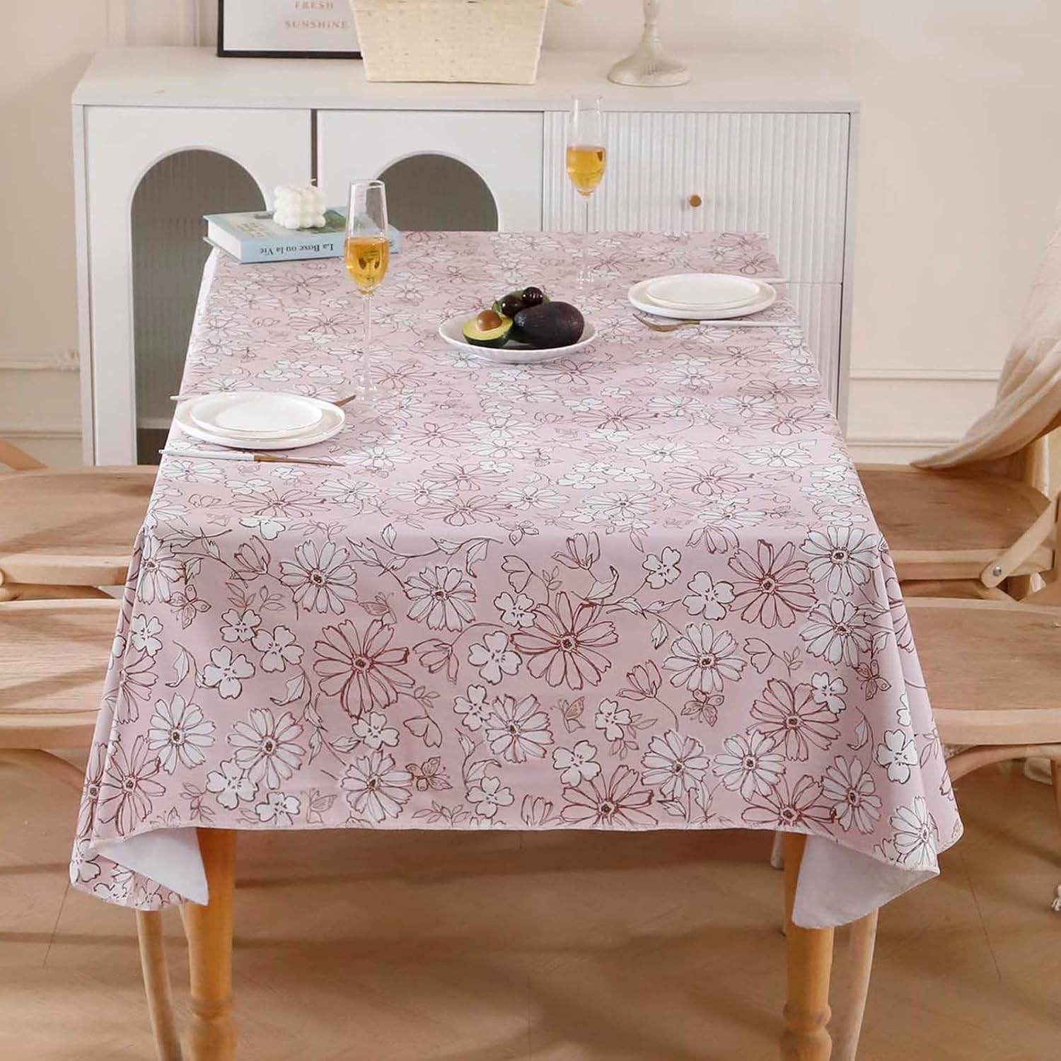 Heavy Duty Vinyl Tablecloth with Flannel Backing Waterproof Oil-Proof Plastic Table Cloth Stain-Resistant Wipeable Rectangle or Square Table Cover for Indoor and Outdoor (Red Flower，60x102 Inch)
