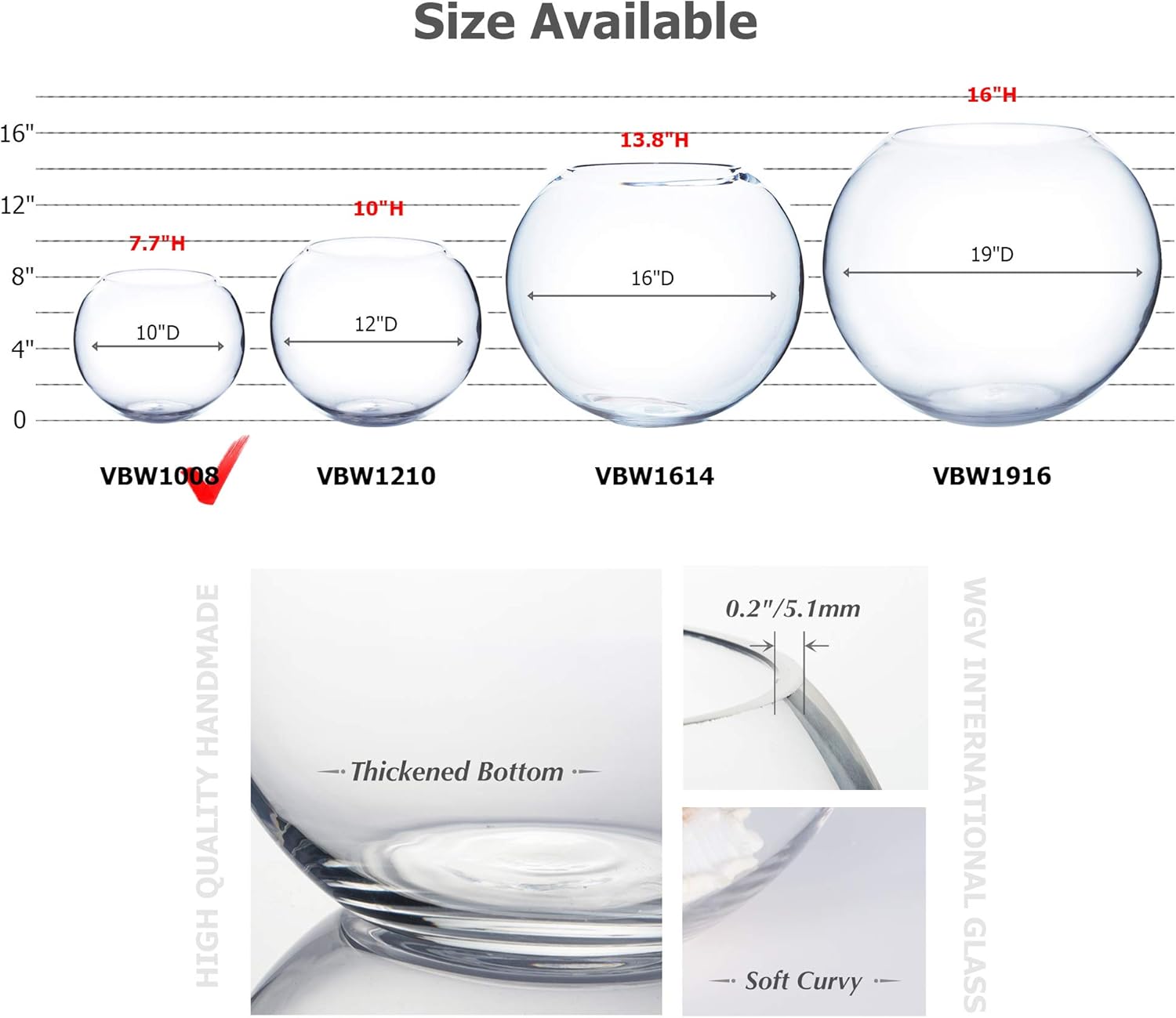 WGV Large Bowl Glass Vase, Diameter 9", Height 8", (Multiple Sizes Choices) Clear Round Bubble Vase Jar, Floral Planter Terrarium for Wedding Event Home Decor, 1 Piece (VBW1008)