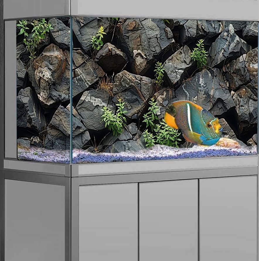 Stone Aquarium Background, Underwater Rock Plant Fish Tank Background Rocky Terrarium Background Black, Polyester Background with 6 EVA Double-Sided Tapes 48x24 inches/120x60