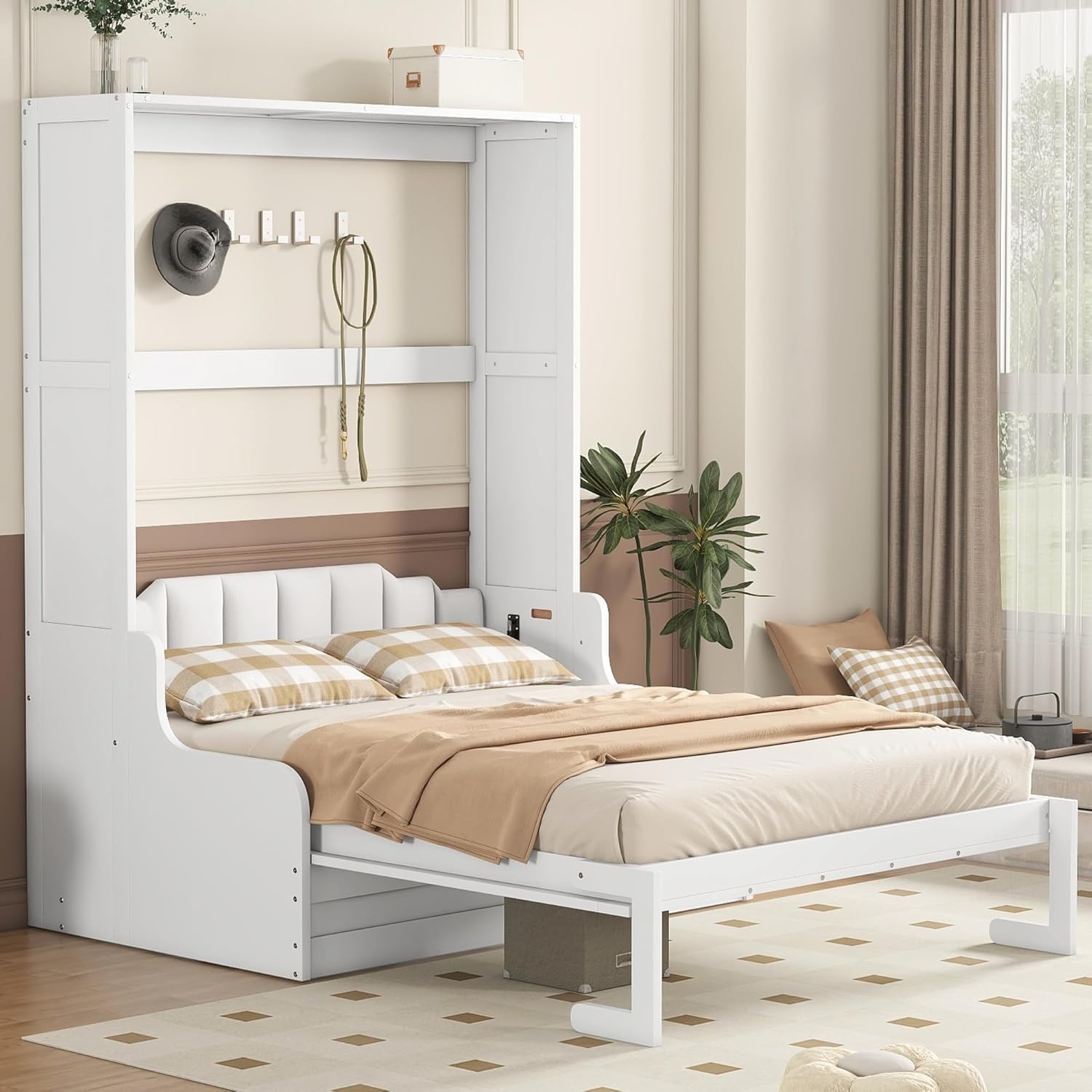 MERITLINE Queen Murphy Bed with Sofa,Wood Folding Murphy Wall Bed Cabinet with Couch (White)