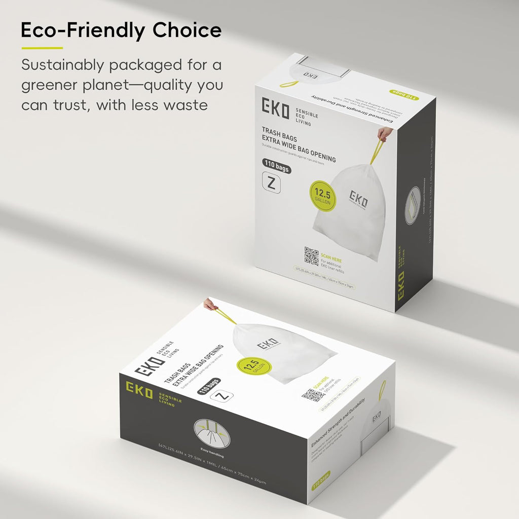 EKO 12.5 Gallon / 40-60 Liter, 110 Count Drawstring Trash Bags, Extra-Strong Garbage Bags, Unscented, Leak-Resistant, Easy-Dispense Roll for Kitchen & Household Use, Code Z, White