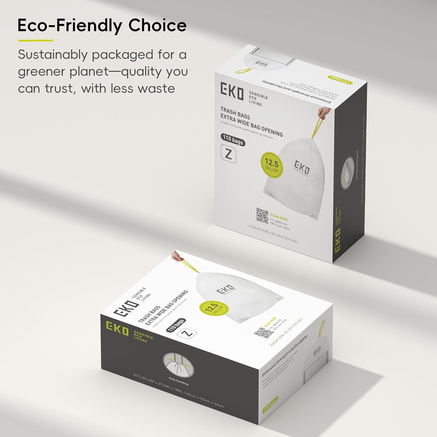 EKO 12.5 Gallon / 40-60 Liter, 110 Count Drawstring Trash Bags, Extra-Strong Garbage Bags, Unscented, Leak-Resistant, Easy-Dispense Roll for Kitchen & Household Use, Code Z, White