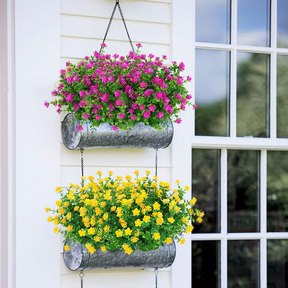 24 Bundles Outdoor Artificial Flowers UV Resistant Fake Boxwood Plants, Faux Greenery for Indoor Outside Hanging Plants Garden Porch Window Box Home Wedding Farmhouse Décor (Magenta)