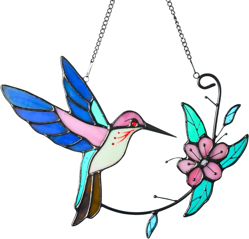 Hummingbird Stained Glass Window Hanging, Humming Bird Style, Sun Catchers Indoor Panel, Nautical Suncatcher Decor for Home, Wall, Garden, Coastal Ornament, Gift for Women and Mom