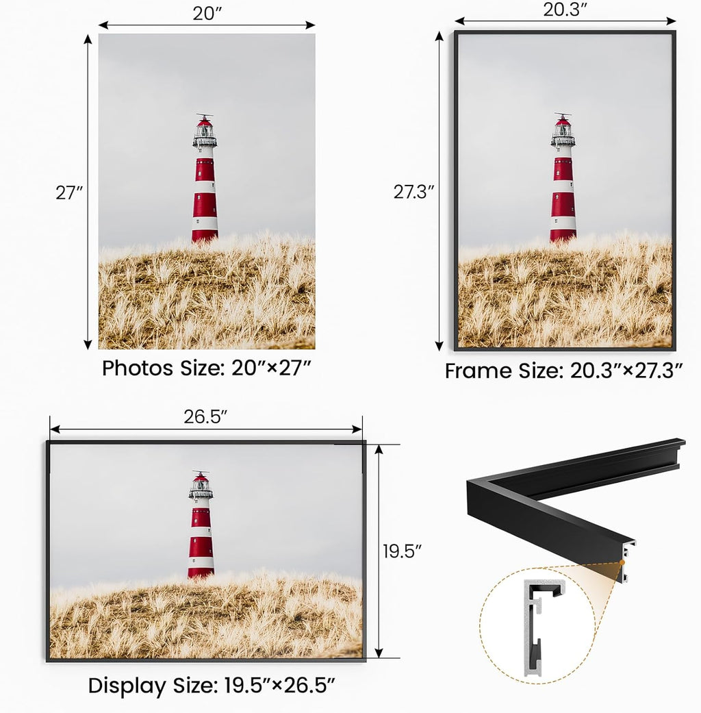 20x27 Aluminum Metal Picture Frame,Tempered Glass Black Large 20 x 27 Poster Frame for Puzzles Photos or Artwork to Wall Mount Horizontal or Vertical for Decor House,Office,Hotel