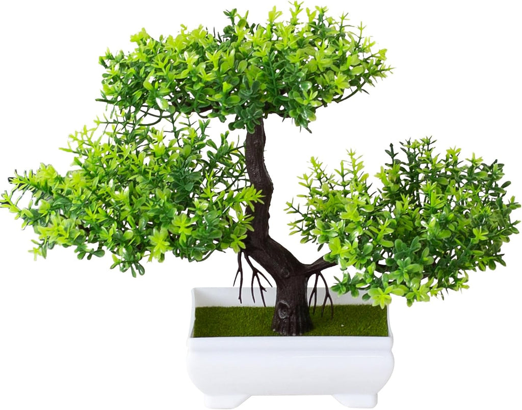 Mini Artificial Bonsai Tree Plants Artificial Plant Welcome Pine Tree with Plastic Cement Pots for Home Office Décor (Green)