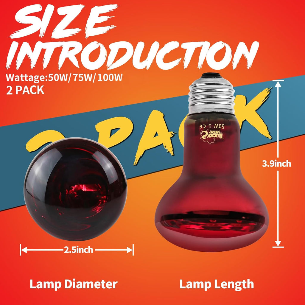 LUCKY HERP Infrared Heat Lamp 50W 2 Pack，Reptile & Amphibian Basking Spot Light Bulbs, Red Heat Lamp Bulbs for Reptiles, Bearded Dragon, Turtle, Lizard, Snake, Chicken