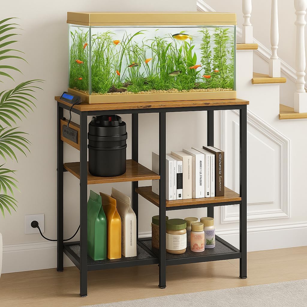 20-29-37 Gallon Fish Tank Stand with 3 Power Outlet 2 USB Port, Metal Aquarium Stand with 4-Tier Adjustable Storage Shelves, 30''L* 13''W*30''H Reptile Tank Stand, Fish Tank Table, 500lbs Capacity