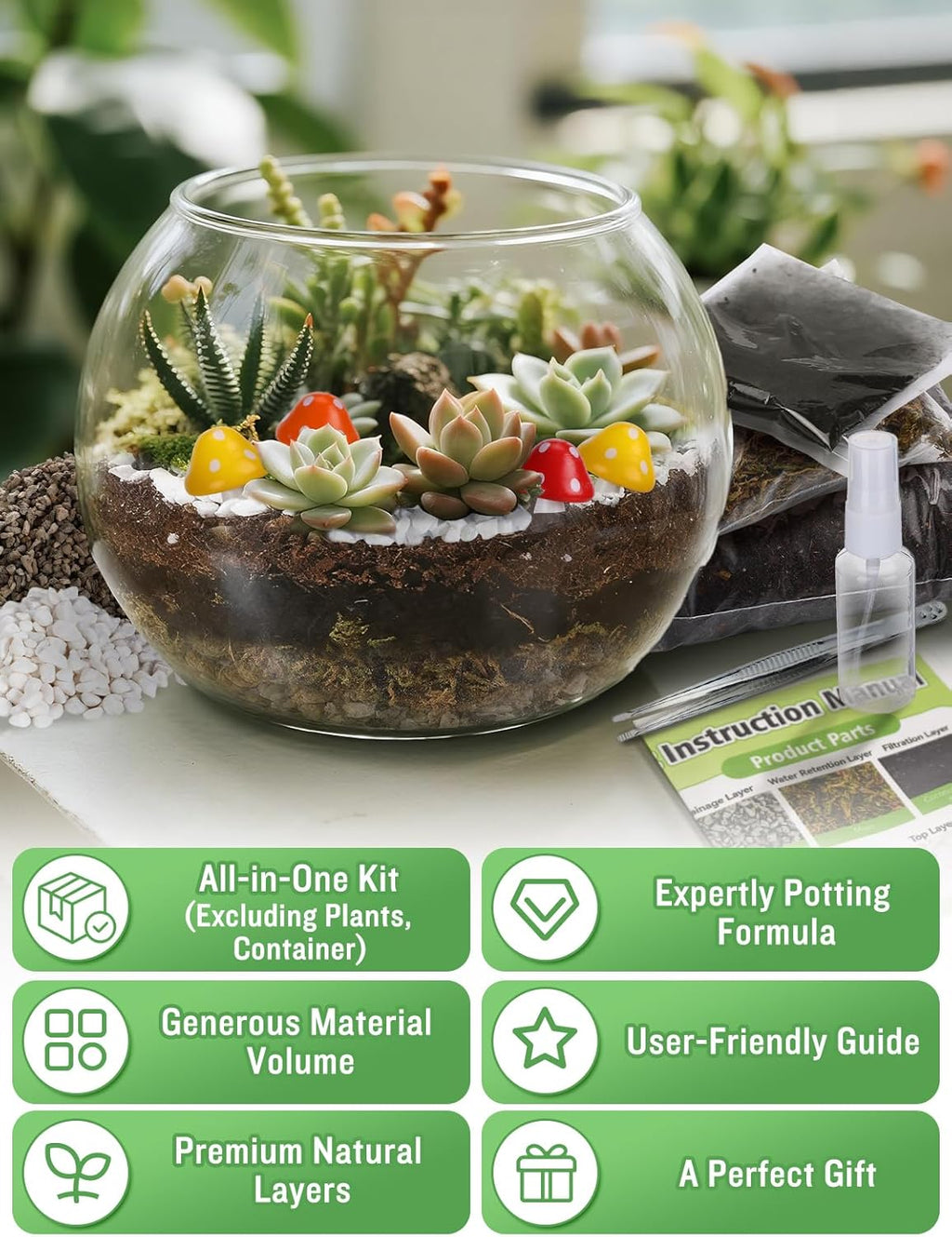 Terrarium Kit Adults - Includes Pumice, Moss, Soil, Pebbles, Charcoal, 2 Tools, Mushroom Ornaments for Succulent Cactus, Christmas Terrarium Accessories Decor Gifts for Starter Women
