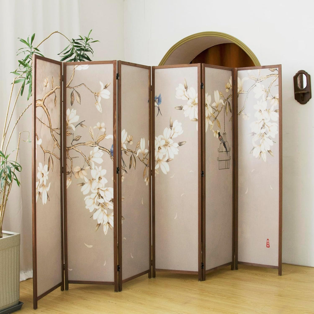 6 Panel Room Divider Folding Privacy Screen,5.6 FT Tall Double Faced Panel Screen,Blackout Panel Divider for Room Seperation,Flower and Bird
