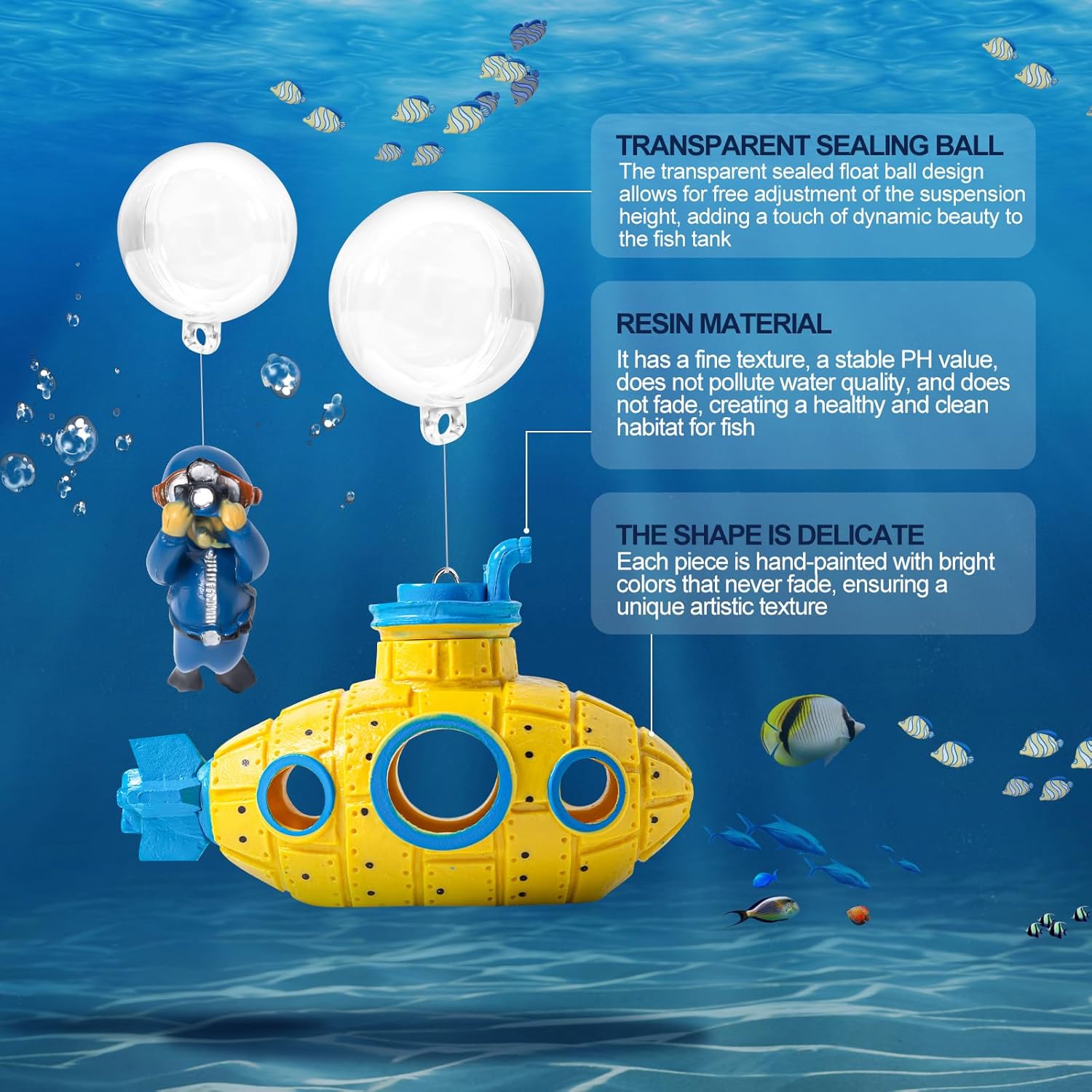 CousDUoBe New Upgrade Floating Fish Tank Decoration, Cute Retro Submarine Set and Floating Diver,Three Float Balls, Aquarium Decorations Resinous Betta Fish Tank Accessories