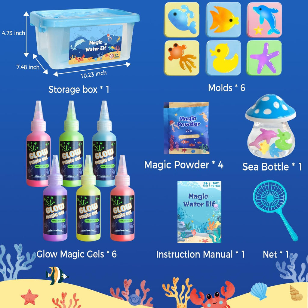 Magic Water Elf Toy Kit - Glow in The Dark Aqua Gel 6 Colors with 6 Molds - Magic Squishy Maker Water Fairies Birthday Party Favors DIY STEM Toy for 3-8 Years Old Kids
