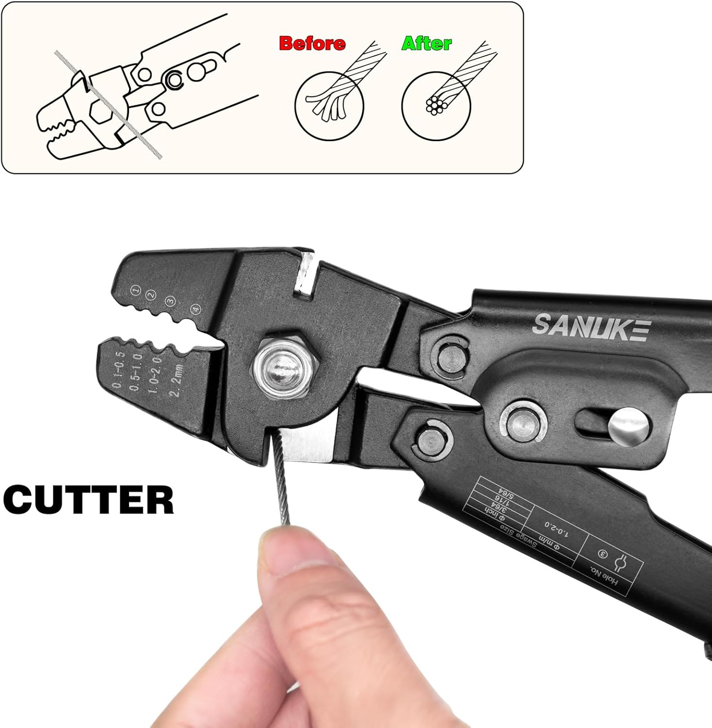 Sanuke Wire Rope Crimping Tool for Aluminum Crimping Loop Sleeves up to 2.2mm, Swager Tool for 3/64 1/16 5/64 inch Stainless Steel Cable Crimper