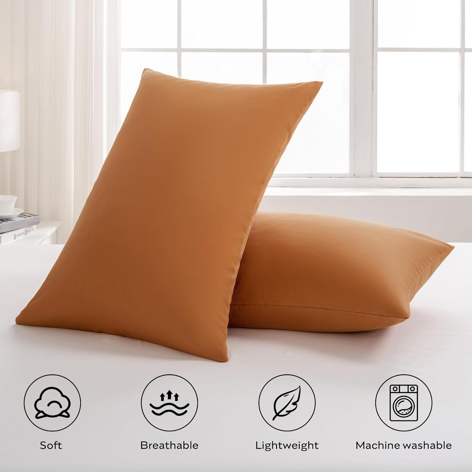 JELLYMONI Pillowcases Standard Set of 4 Cotton Envelope Pillow Covers Caramel 20×26in Bed Pillow Cases 100% Washed Cotton Soft Breathable (Pillows are not Included)