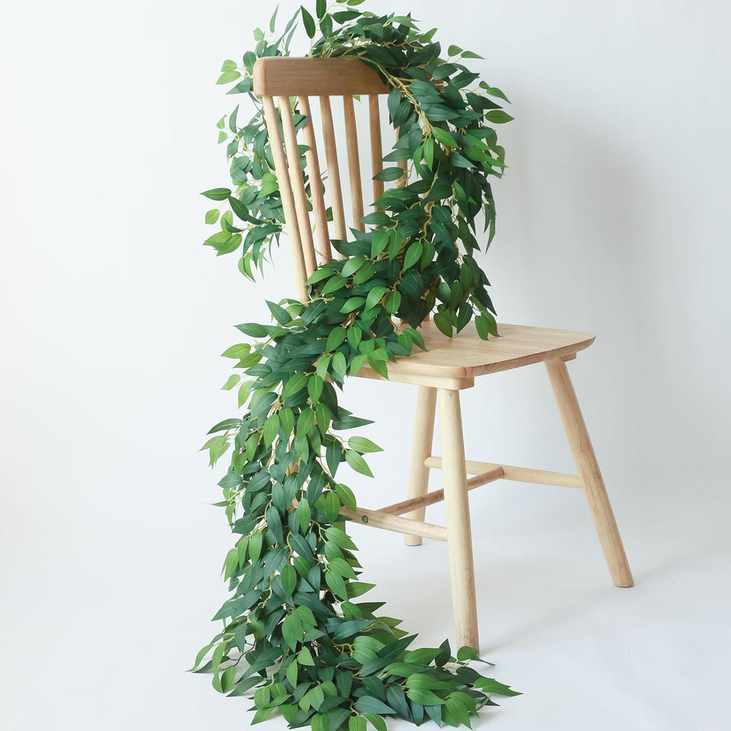 mizii Artificial Vines Garland 6.5 Feet Faux Italian Ruscus Vine Greenery Garland Silk Green Leaves Decoration Fake Plants Greenery for Table Centerpieces Home Room Wall Wedding Arch Decor (6.5 feet)