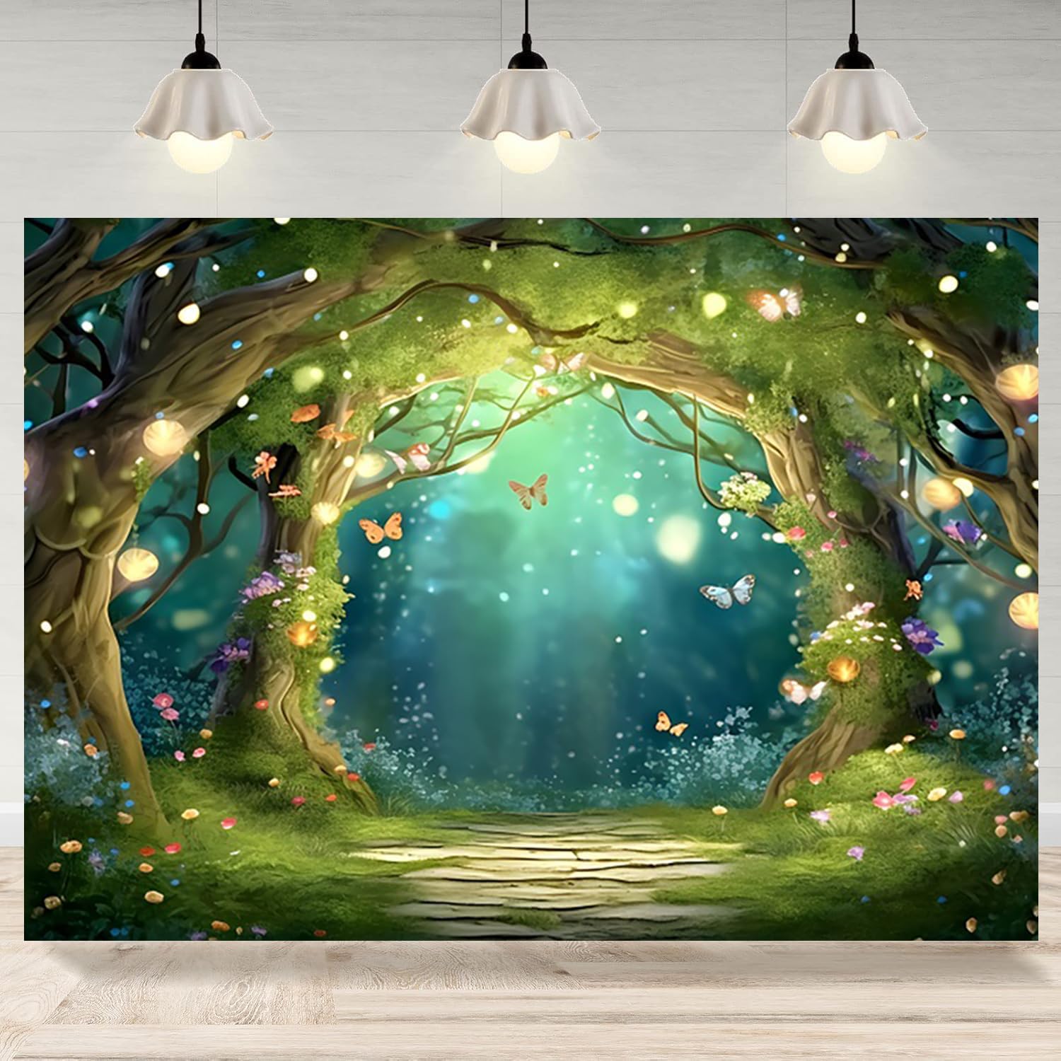 10x6.5ft Spring Enchanted Forest Backdrop Fairy Tale Wonderland Photography Background Butterfly Flower Brick Road Banner Decorations Newborn Baby Shower Birthday Party Photo Booth Props