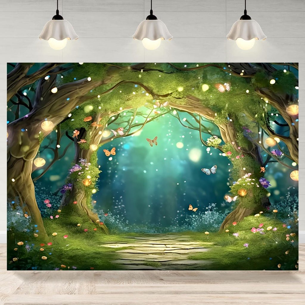 6x4ft Spring Enchanted Forest Backdrop Fairy Tale Wonderland Photography Background Butterfly Flower Brick Road Banner Decorations Newborn Baby Shower Birthday Party Photo Booth Props