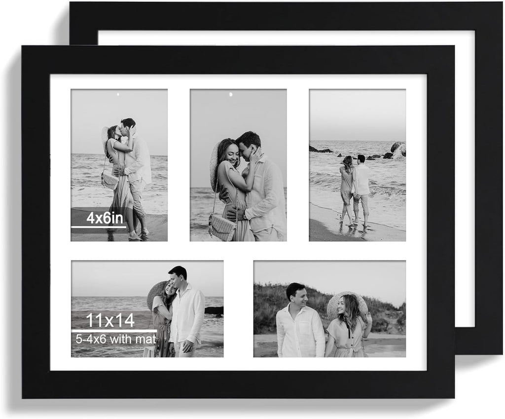 11x14 Picture Frame Set of 2, Black Wood Frame with Real Glass Collage Picture Frames, Display Pictures Five 4x6 With Mat or 11 x 14 Without Mat, Photo Frames Wall Gallery