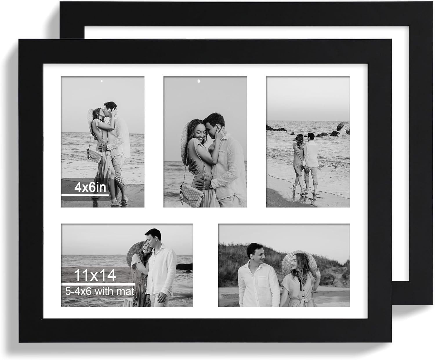 11x14 Picture Frame Set of 2, Black Wood Frame with Real Glass Collage Picture Frames, Display Pictures Five 4x6 With Mat or 11 x 14 Without Mat, Photo Frames Wall Gallery
