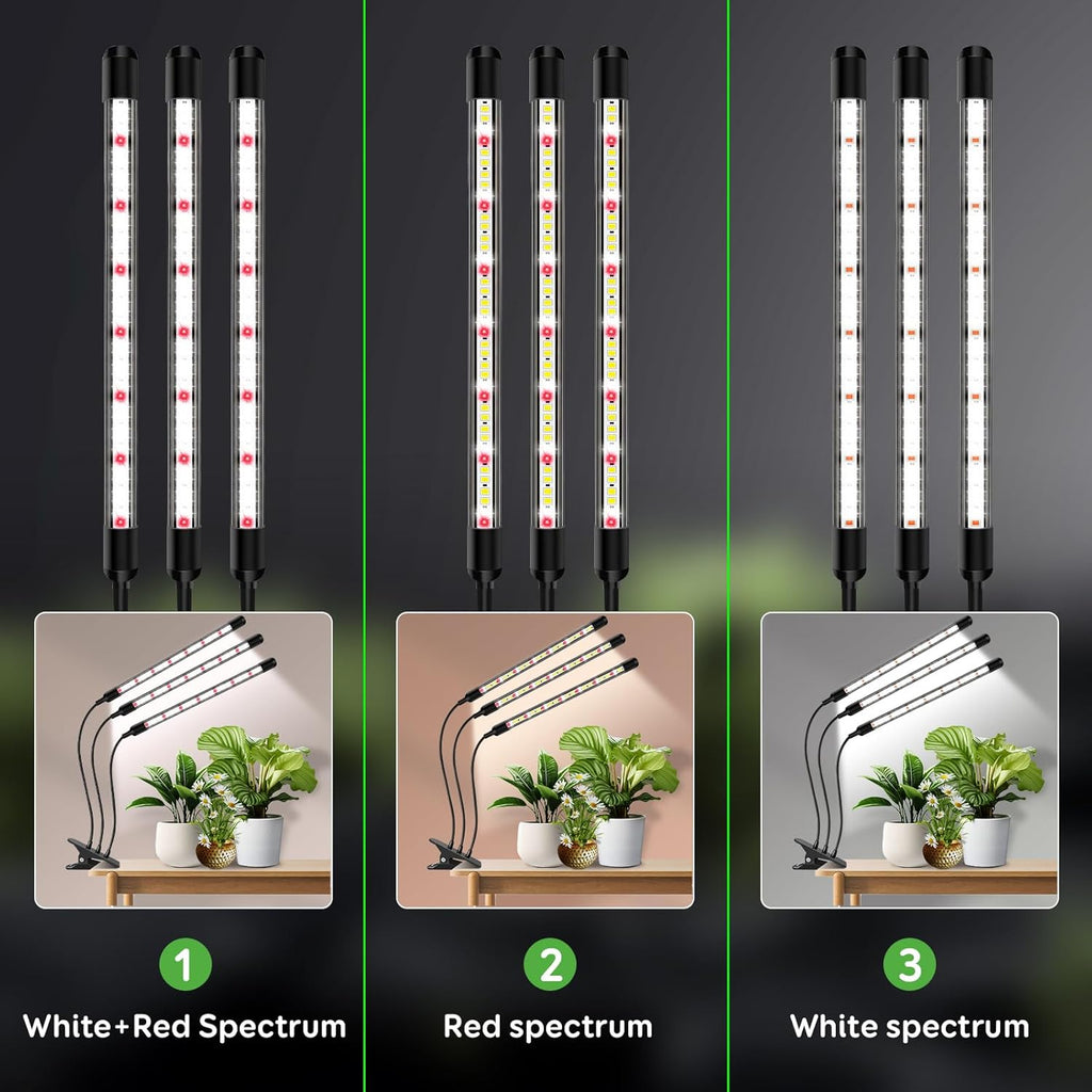 Tri-Head Clip Grow Light for Indoor Plants, Full Spectrum with 6/12/18H Timer, 5 Dimmable Levels, 3 Spectrum Modes & 360° Gooseneck for Seedlings, Houseplants, Succulents