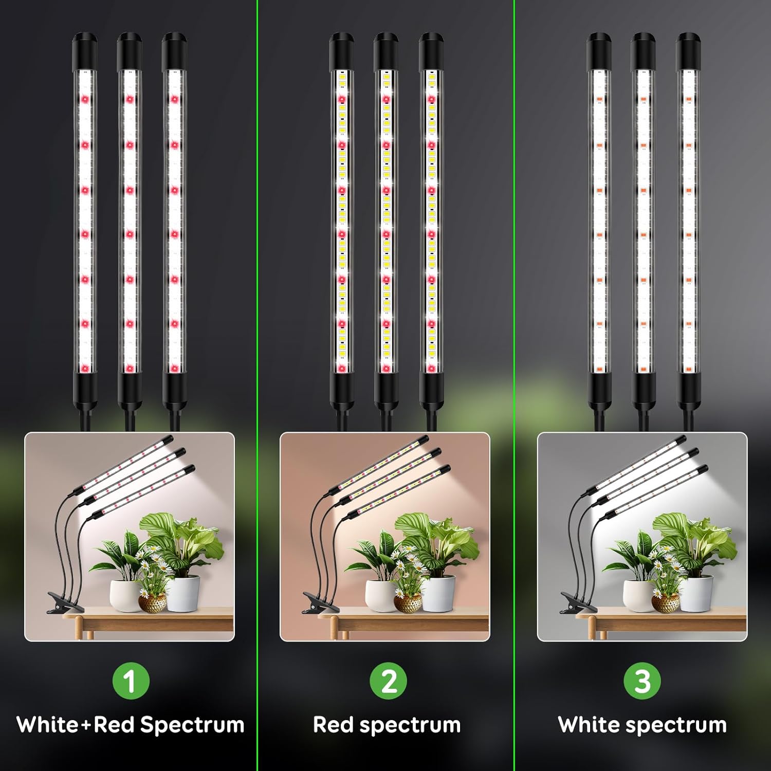 Tri-Head Clip Grow Light for Indoor Plants, Full Spectrum with 6/12/18H Timer, 5 Dimmable Levels, 3 Spectrum Modes & 360° Gooseneck for Seedlings, Houseplants, Succulents