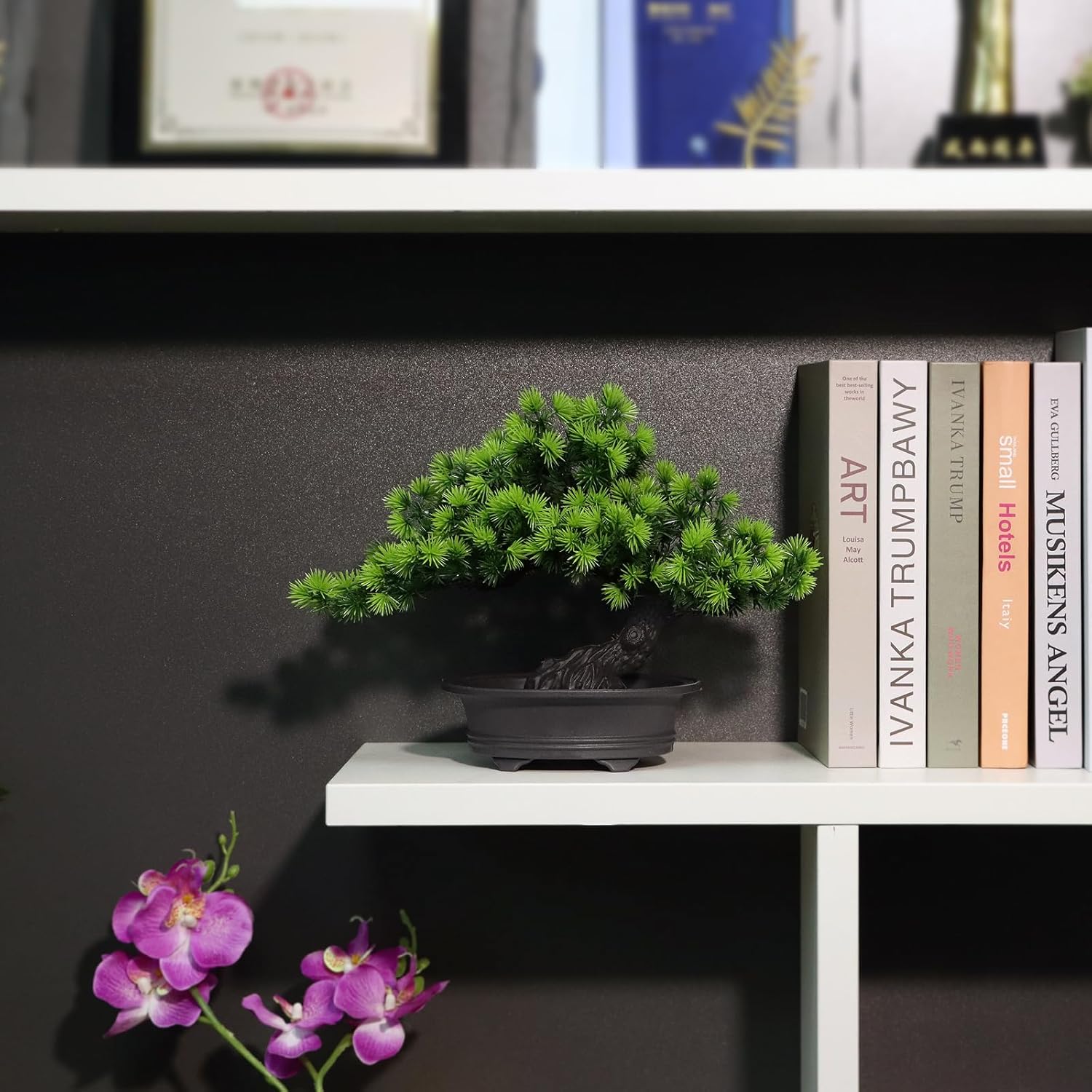 Artificial Bonsai Tree - Fake Plants for Home Decor, Bookshelf Coffee Table Office Desk Bathroom Farmhouse Indoor Decor, 9.5" Tall, Green
